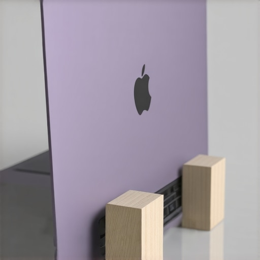 Close-up of a laptop propped up by small blocks to improve cooling and airflow on a desk.