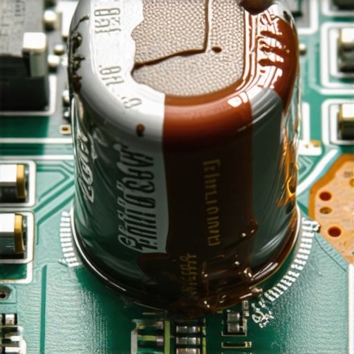 Damaged Capacitor on a Motherboard Macro view of a bulging and leaking capacitor on a computer motherboard indicating hardware failure.