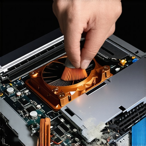 A technician carefully cleaning dust from a laptop cooling fan using a specialized brush.