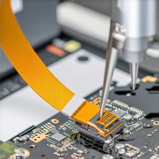 Technician repairing a fragile laptop screen ribbon cable with precision tools.
