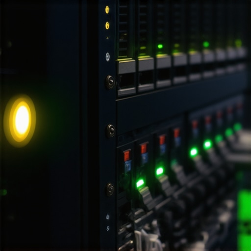 Close up of a network switch with glowing activity lights and ethernet cables in a server rack