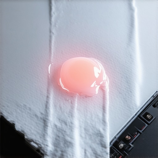 A neon green liquid stain on a white paper towel indicating a laptop coolant leak.