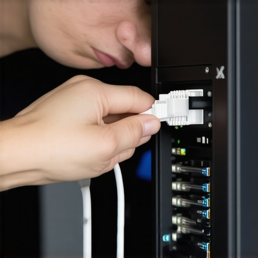 Hands disconnecting a network cable from a PC