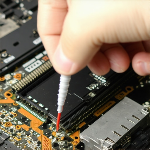 Technician disconnecting a laptop battery to prevent short circuits during screen repair