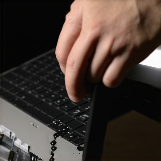A person pressing the power button of a laptop with coffee on the keyboard to prevent internal damage.