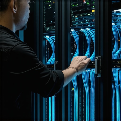 An IT professional managing an enterprise-grade hardware firewall in a secure data center.