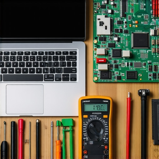 Professional computer repair tools and laptop internal components