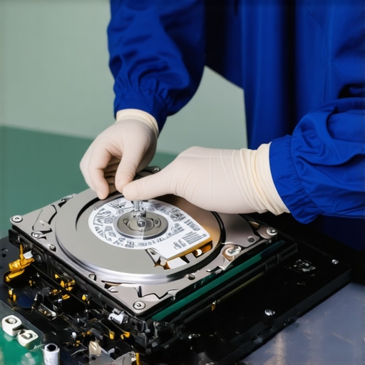 Technician performing professional data recovery in a cleanroom.