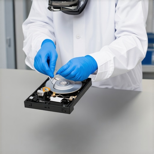 Technician performing delicate data recovery on a mechanical hard drive in a controlled environment