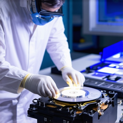 Technician performing physical data recovery on a damaged hard drive in a clean room.