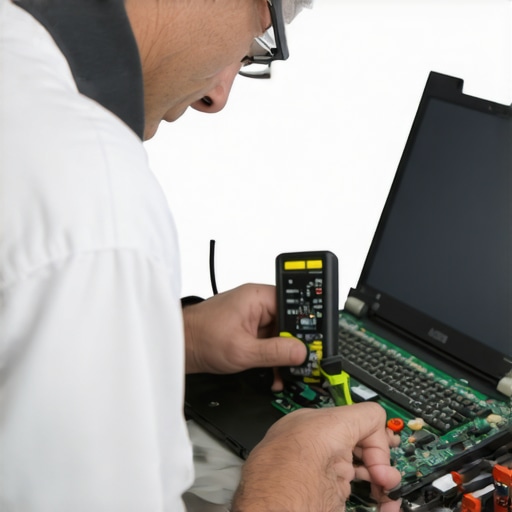Expert Laptop Motherboard Inspection Close-up of a technician performing advanced computer repair on a motherboard