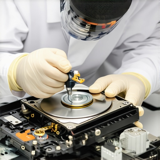 A close up of a technician inspecting a hard drive for physical damage.