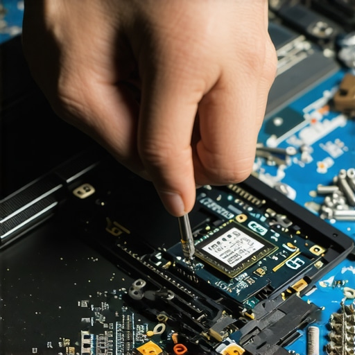 Close up of person removing SSD storage drive from a disassembled laptop motherboard