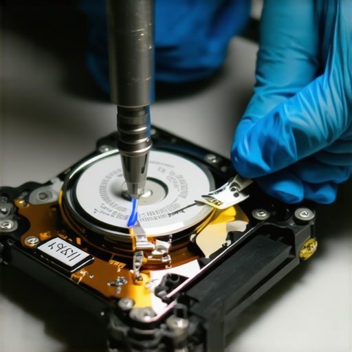 A technician recovering data from a fire-damaged hard drive in a specialized lab.