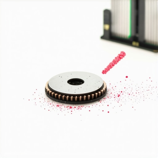 Close-up of internal hard drive components showing a dust particle on the platter.