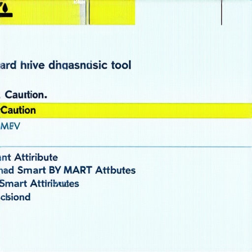 A computer monitor showing a SMART diagnostic tool with a yellow caution alert indicating potential hard drive failure.