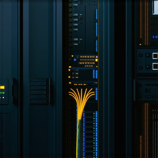 A close-up of a professional hardware firewall appliance installed in a server rack to secure a business network.
