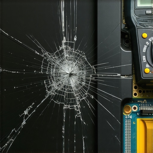 A technician diagnosing a laptop motherboard damaged by a cracked display panel