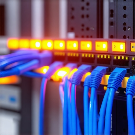 Professional network switch with blue fiber optic cables and status lights.