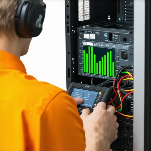 An IT professional performing hardware diagnostic tests on an office computer workstation