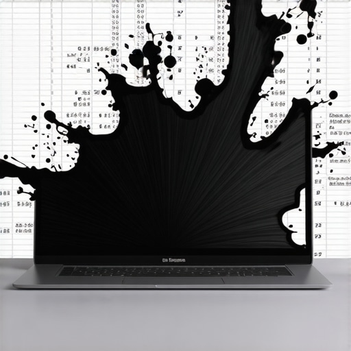 A laptop screen displaying a black ink blot caused by a cracked LCD panel.