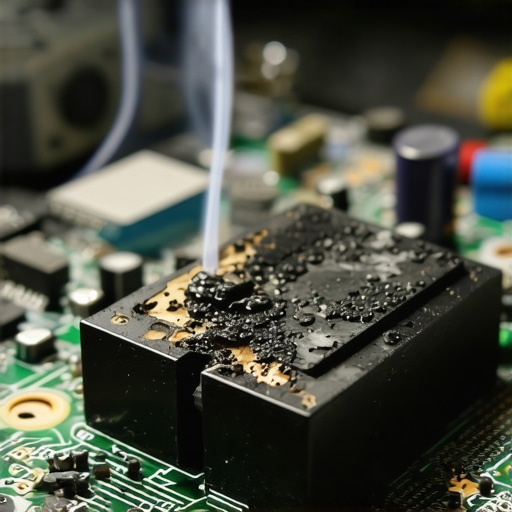 A macro view of a damaged electronic component on a computer circuit board