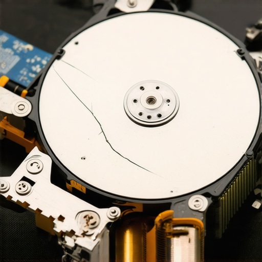 Close up view of physical damage on a hard drive platter caused by a head crash