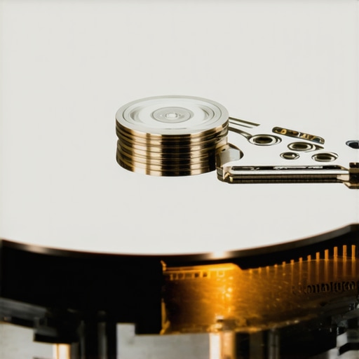 Detailed view of hard drive internals showing platters and the read/write head.