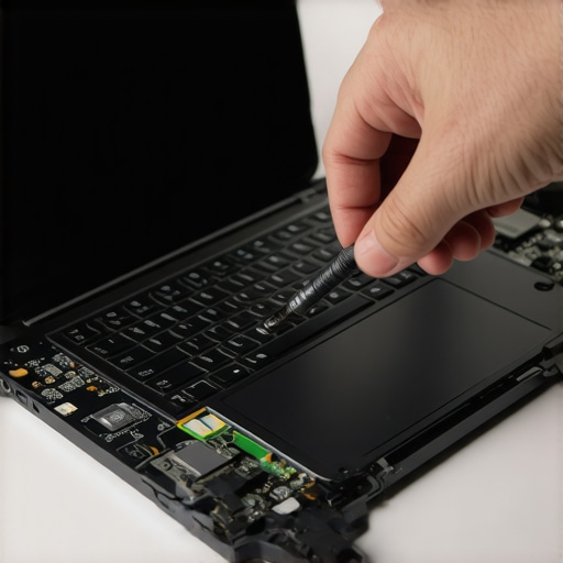 Technician performing laptop repair on internal network components