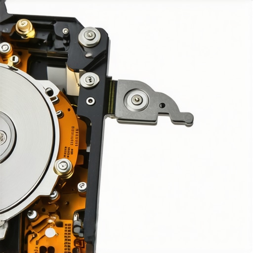 Macro view of a hard drive platter and actuator arm illustrating mechanical components.