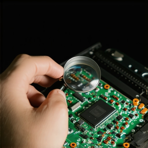Technician inspecting a tiny backlight fuse on a laptop motherboard with a magnifying glass