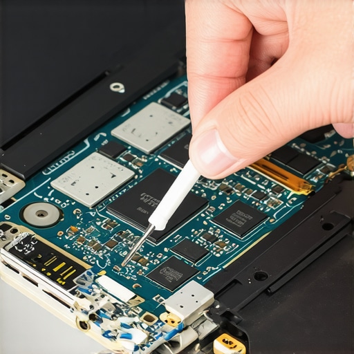 A professional technician checking the connection of a laptop display cable to diagnose a flickering screen.