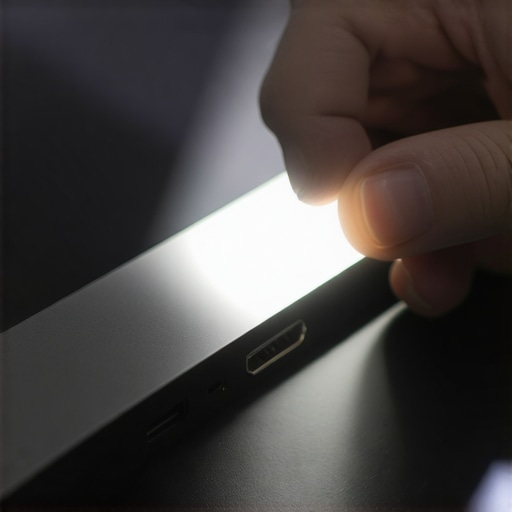 A close up of a technician using a light to check an HDMI port for debris that causes screen blackouts.