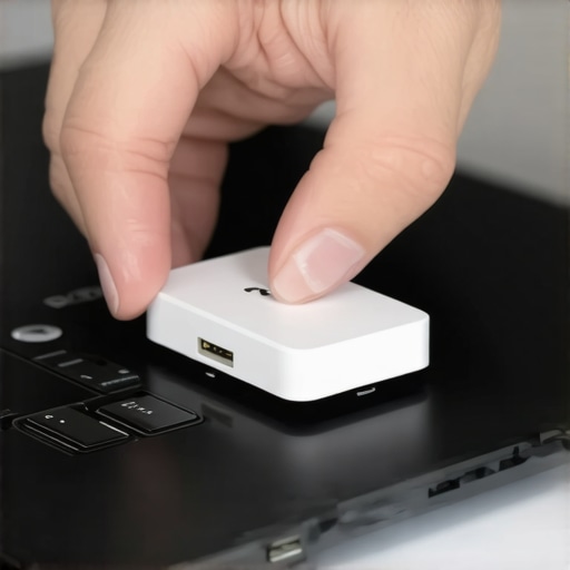 Installing Physical USB Port Blockers A technician using a key to insert a security blocker into a laptop USB port.