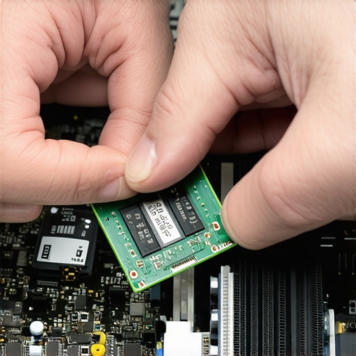A technician's hands seating a RAM stick into a motherboard slot.