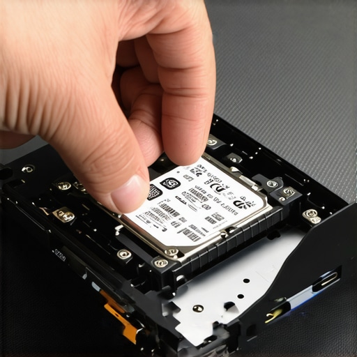 A technician replacing a mechanical hard drive with a fast solid state drive in an office laptop.