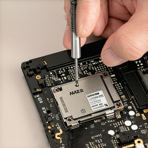 Technician installing a new SSD into a laptop expansion port to bypass soldered storage.
