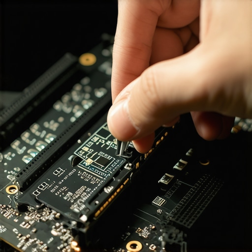 A technician installing a fast SSD into a computer motherboard to improve video editing performance.