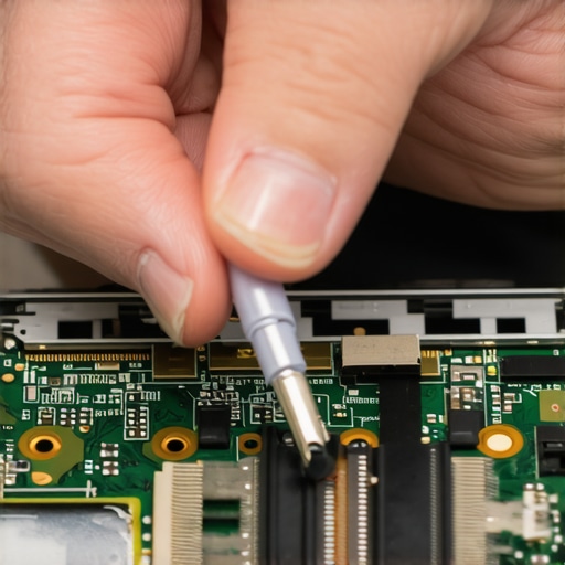 Technician reseating a laptop display ribbon cable