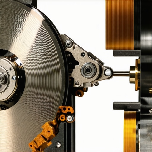 Close up of hard drive platters and the actuator arm responsible for clicking noises.