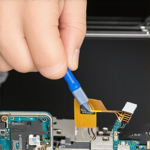 Internal view of a laptop screen repair process Technician prying off a laptop screen bezel to reveal fragile internal cables and hinges