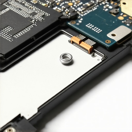 A close-up view of the internal grounding tape and mounting screws of a laptop trackpad module.
