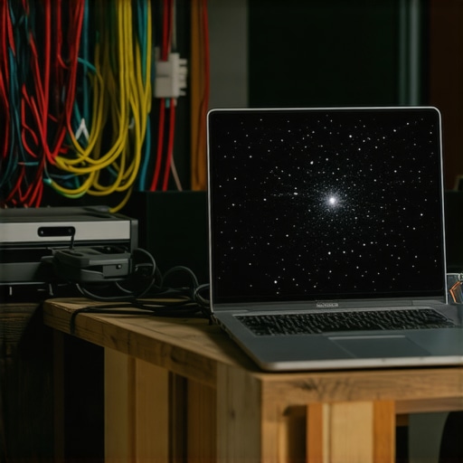 Visual static on a laptop display sitting near unshielded electronic cables.