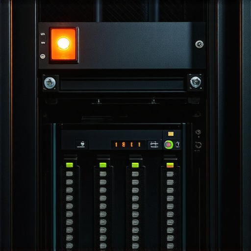 A dusty old server rack with a warning light indicating hardware failure.