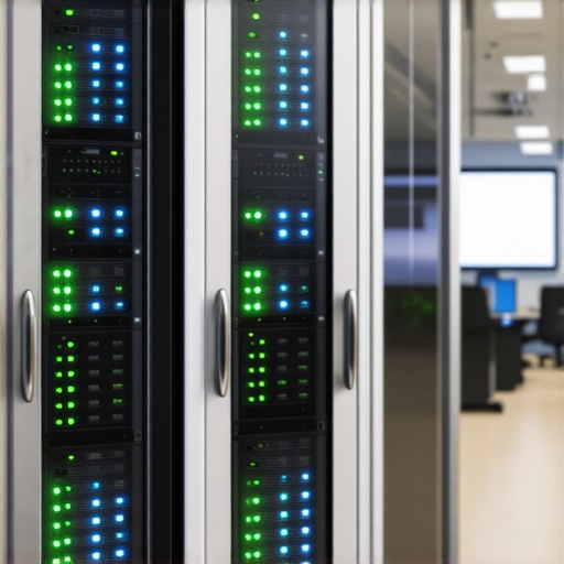 Close-up of a secure local server rack with status lights.