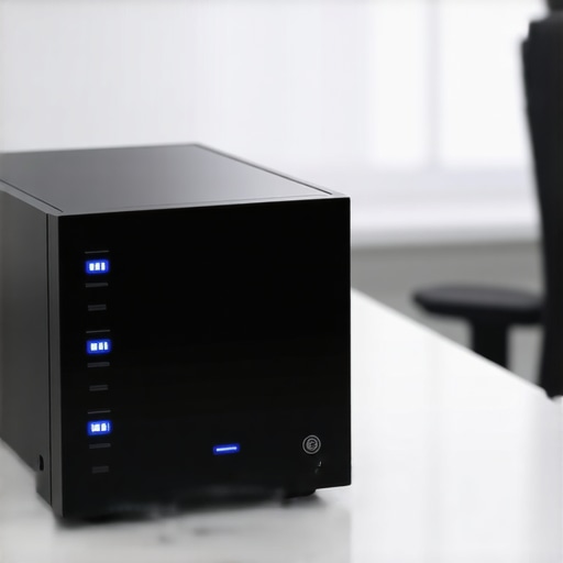 A professional NAS device on a desk showing active data lights.
