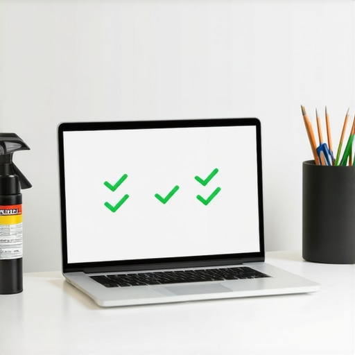 A laptop showing system health diagnostics on a clean office desk with maintenance tools.