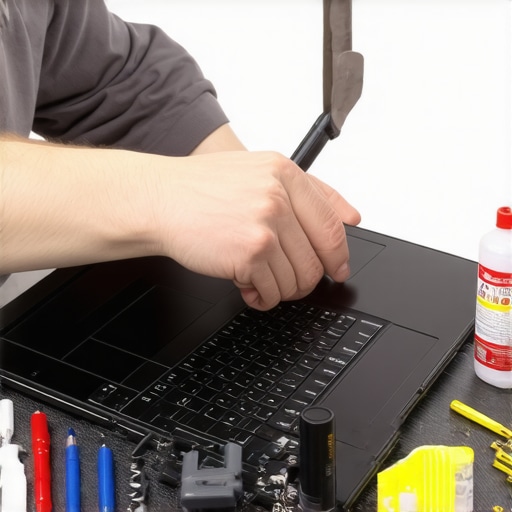 Technician cleaning a laptop screen with professional tools