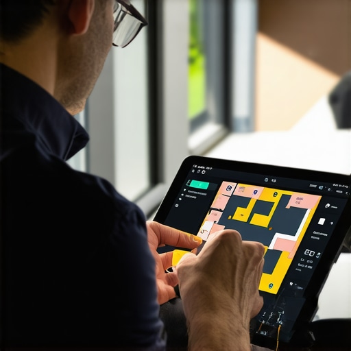 An IT professional conducting a Wi-Fi heat map survey to identify dead zones in a modern office environment.