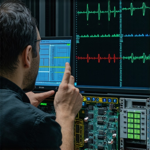 Technician using an oscilloscope to diagnose voltage ripple on a server power supply